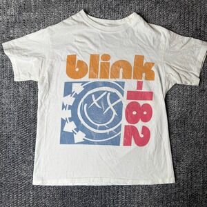 Blink-182 Smiley Logo Graphic T-Shirt White Cotton Band Tee Small Pop-Punk Rock